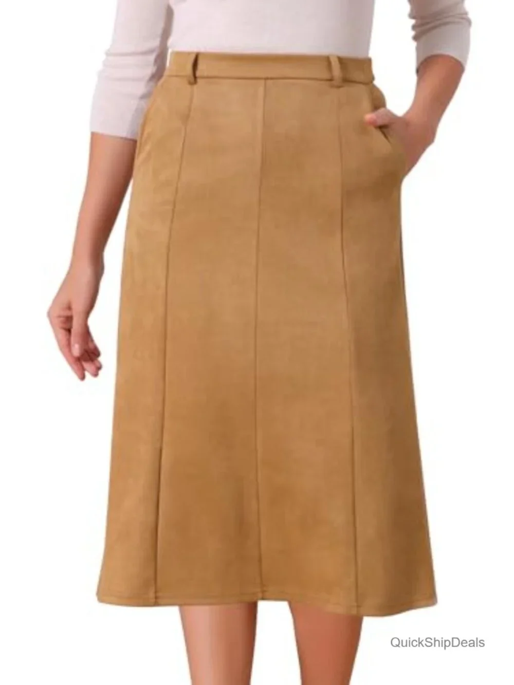 Faux Suede High Waist A-Line Midi Skirt with Belt Loops & Pockets